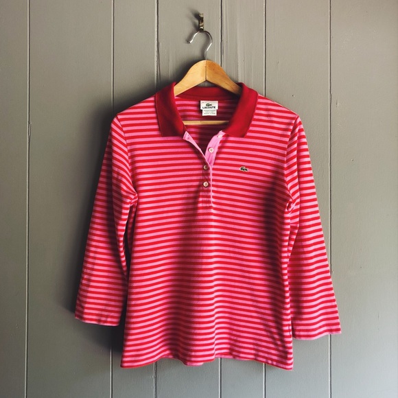 Lacoste Tops - Lacoste Red & Pink Striped 3/4 Sleeve Polo